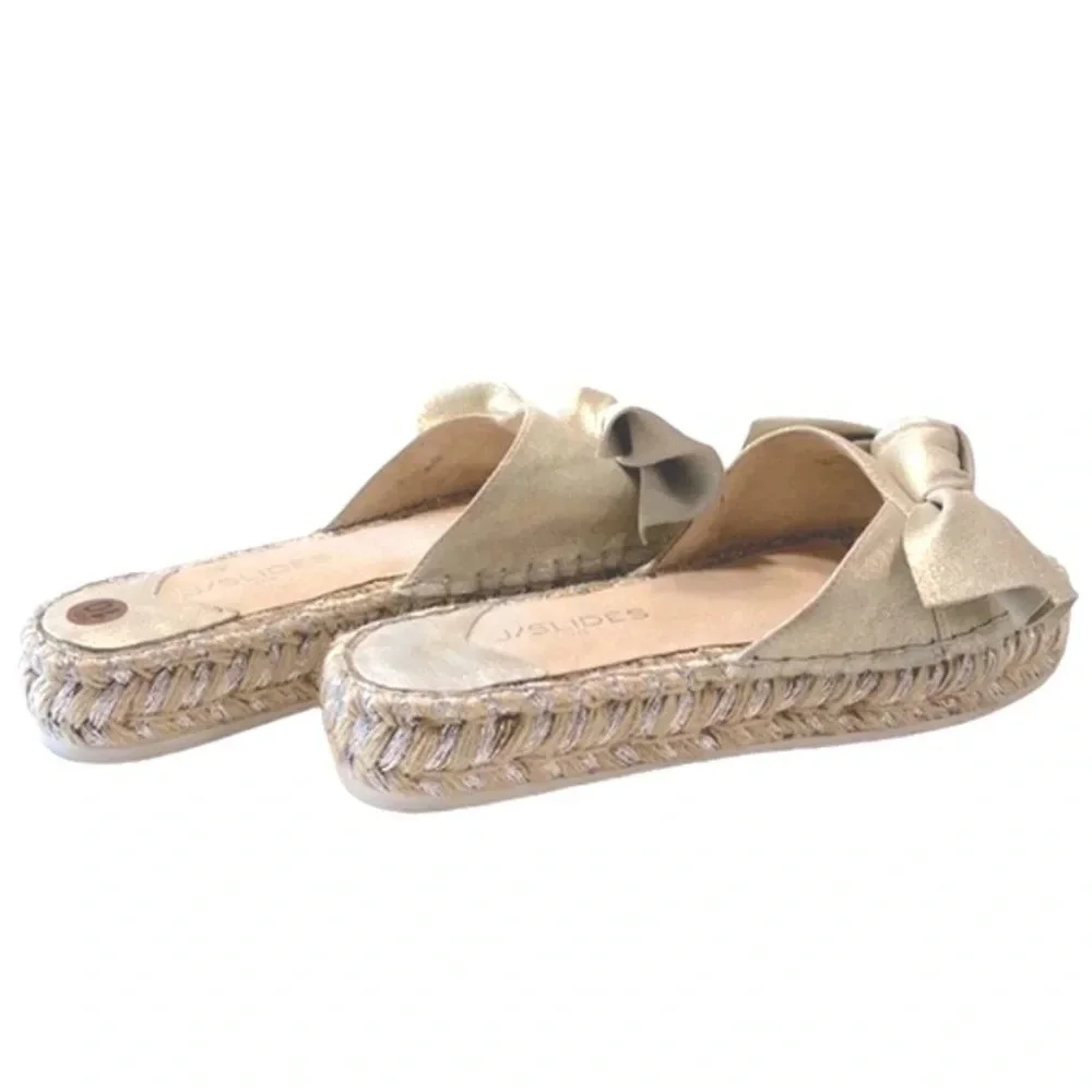 J/Slides Bow Champagne Color Preppy Espadrille Coquette Platform Slides Size 10